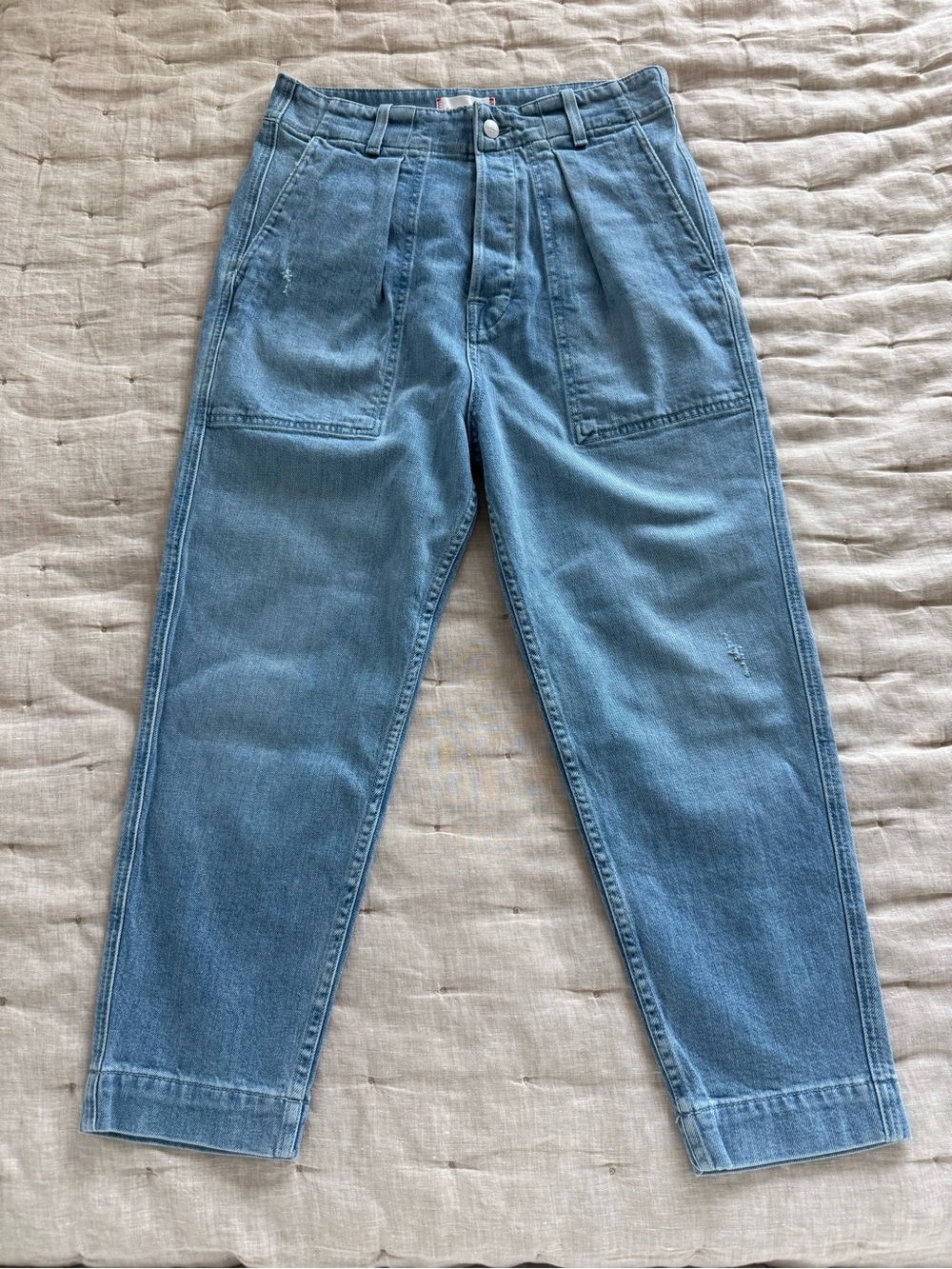 Anthropologie Sundry High Rise Tapered Jeans Blue Cargo Pocket Paper Bag Sz 26